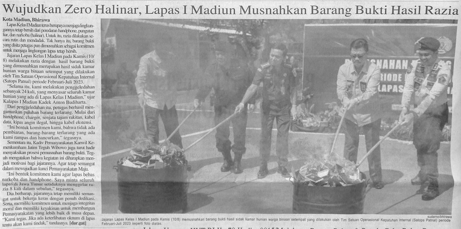 Wujudkan Zero Halinar, Lapas 1 Madiun Musnahkan Barang Bukti Hasil Razia