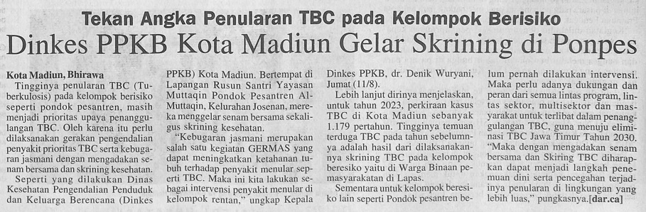 Tekan Angka Penularan TBC pada Kelompok Berisiko, Dinkes PPKB Kota Madiun Gelar Skrining di Ponpes