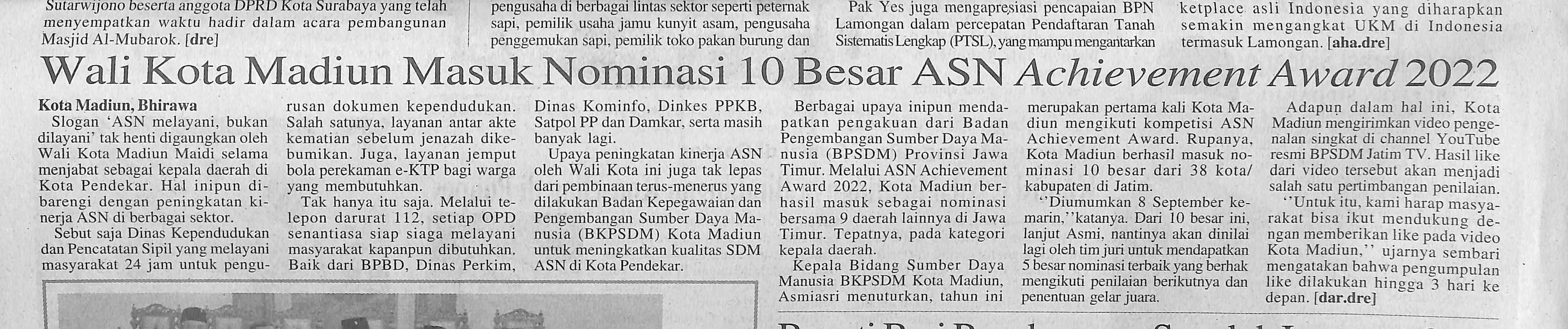 Walikota Madiun Masuk Nominasi 10 Besar ASN Achievement Award 2022