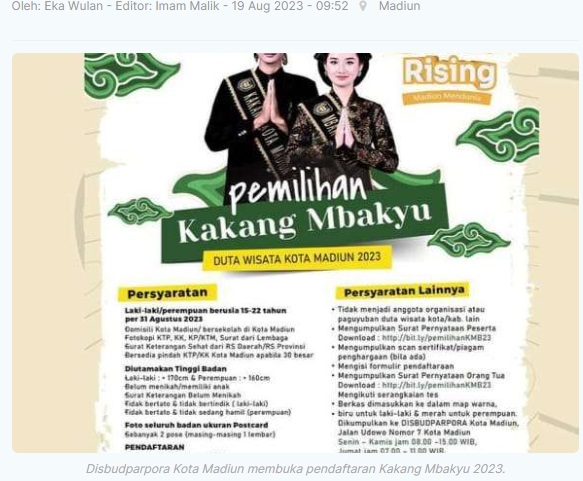 Disbudparpora Kota Madiun Buka Pendaftaran Kakang Mbakyu 2023