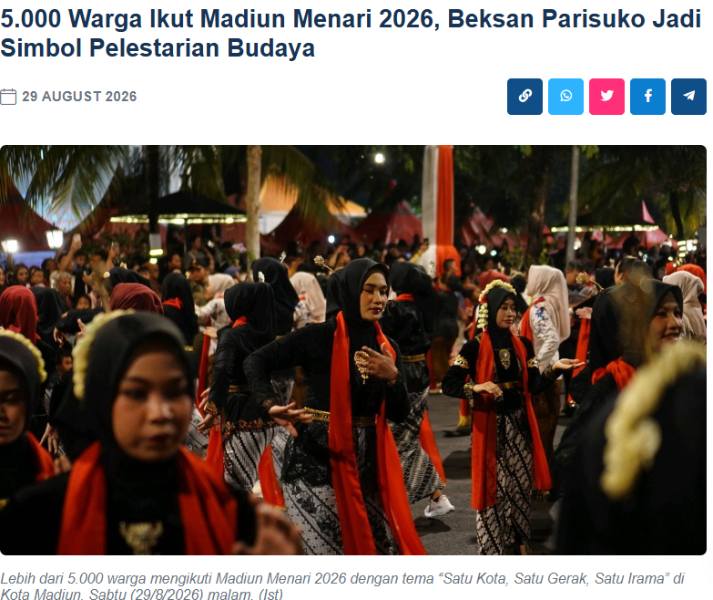 5.000 Warga Ikut Madiun Menari 2026, Beksan Parisuko Jadi Simbol Pelestarian Budaya