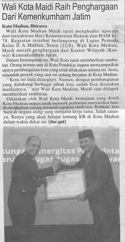 Wali Kota Maidi Raih Penghargaan Dari Kemenkumham Jatim
