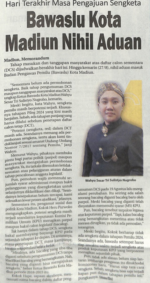 Hari Terakhir Masa Pengajuan Sengketa, Bawaslu Kota Madiun Nihil Aduan