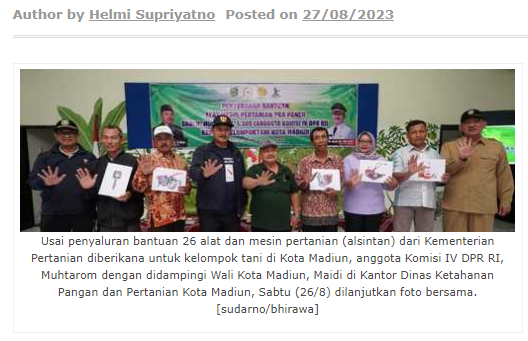DPR RI dan Wali Kota Madiun Salurkan Bantuan 26 Alsintan Pra Panen Kementerian