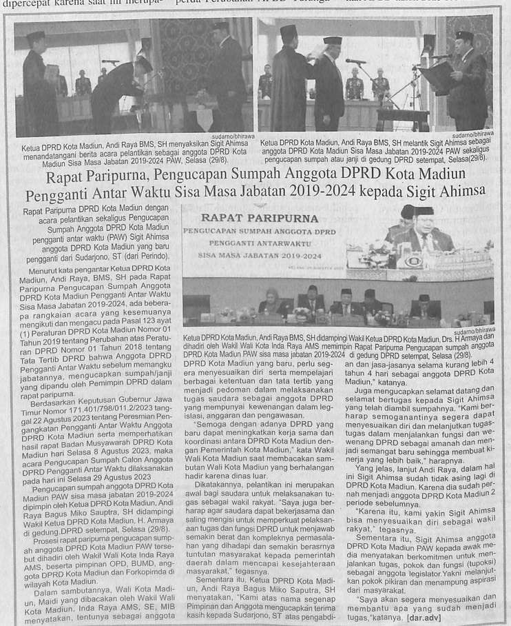 Rapat Paripurna, Pengucapan Sumpah Anggota DPRD Kota Madiun Pengganti Antar Waktu Sisa Masa Jabatan 2019-2024 kepada Sigit Ahimsa