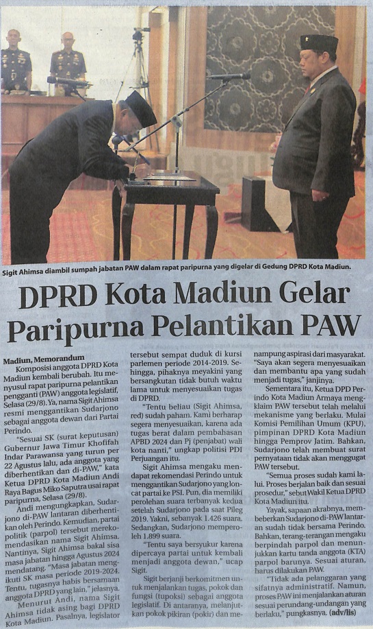 DPRD Kota Madiun Gelar Paripurna Pelantikan PAW
