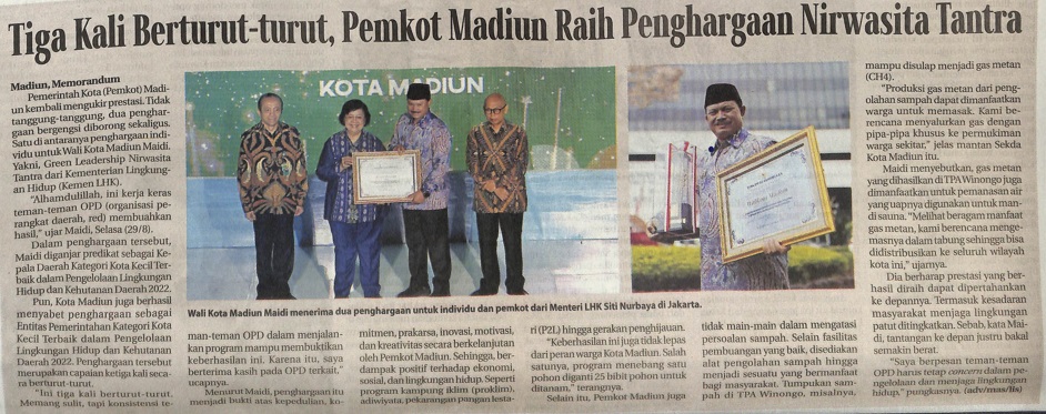Tiga Kali Berturut-turut, Pemkot Madiun Raih Penghargaan Nirwasita Tantra