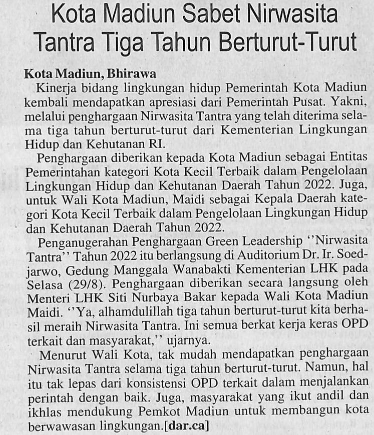 Kota Madiun Sabet Nirwasita Tantra Tiga Tahun Berturut-Turut