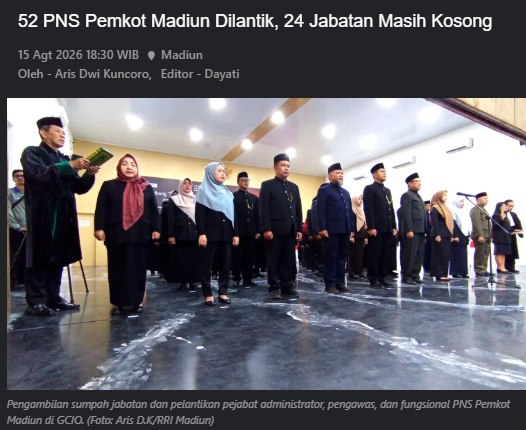 52 PNS Pemkot Madiun Dilantik, 24 Jabatan Masih Kosong