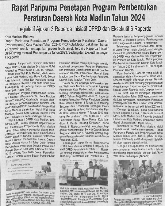 Rapat Paripurna Penetapan Program Pembentukan Peraturan Daerah Kota Madiun Tahun 2024, Legislatif Ajukan 3 Raperda Inisiatif DPRD dan Eksekutif 6 Raperda