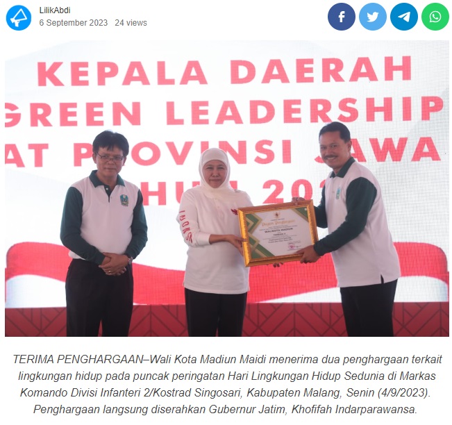 Peringatan Hari Lingkungan Hidup Sedunia, Wali Kota Madiun Raih Dua Penghargaan Bidang Lingkungan