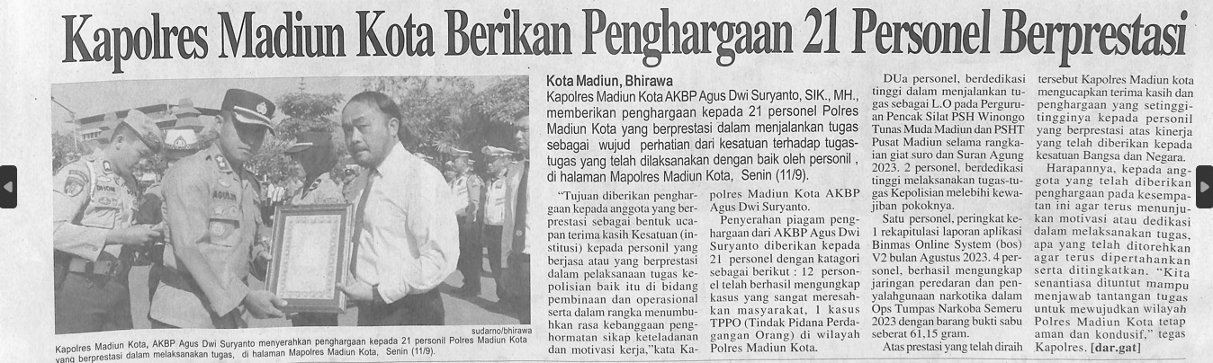 Kapolres Madiun Kota Berikan Penghargaan 21 Personel Berprestasi