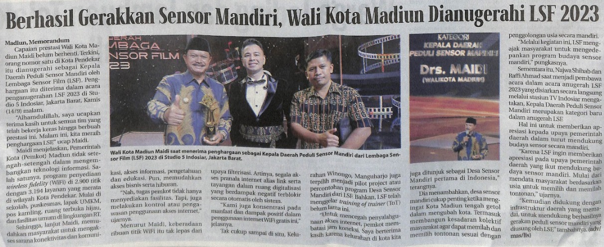 Berhasil Gerakkan Sensor Mandiri, Wali Kota Madiun Dianugerahi LSF 2023