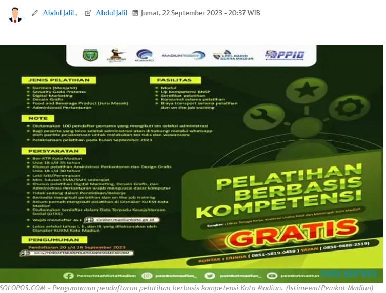 Dibuka Lagi! Ini Syarat Jadi Peserta Pelatihan Berbasis Kompetensi di Madiun