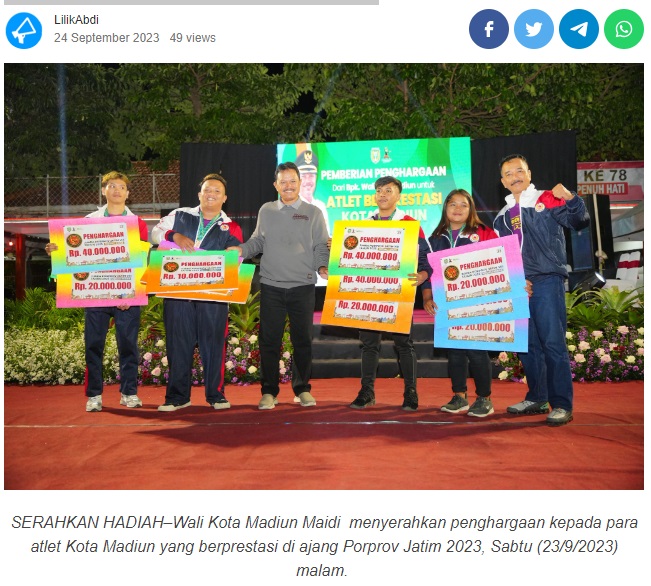Atlet Berprestasi Porprov 2023 Kota Madiun Dapat Reward,  Wali Kota Maidi : Harus Makin Berprestasi