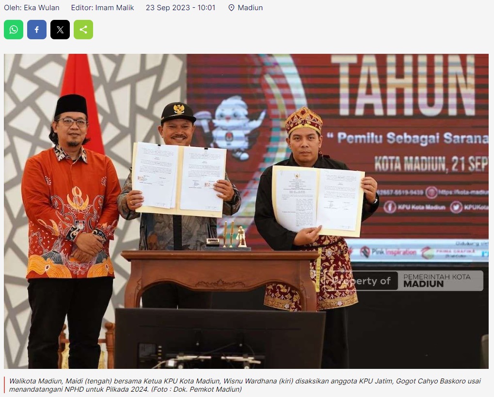 Walikota Madiun dan KPU Tandatangani NPHD untuk Pilkada 2024