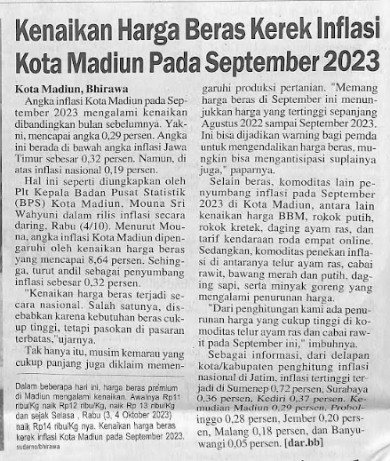 Kenaikan Harga Beras Kerek Inflasi Kota Madiun Pada September 2023