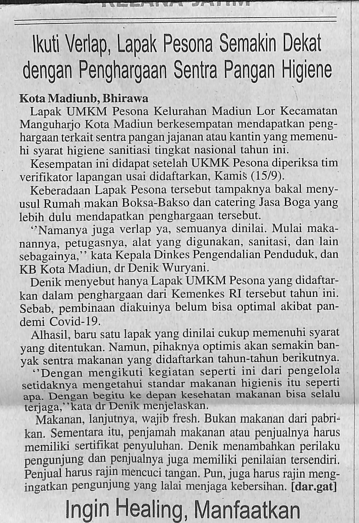 Ikuti Verlap, Lapak Pesona Semakin Dekat Dengan Penghargaan Sentra Pangan Higiene