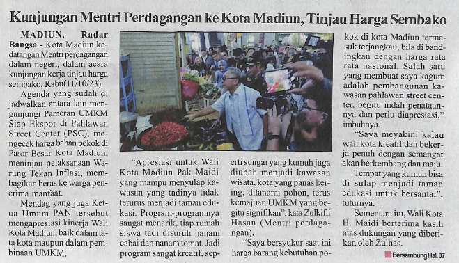 Kunjungan Mentri Perdagangan ke Kota Madiun, Tinjau Harga Sembako