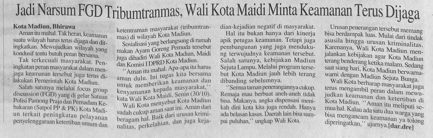 Jadi Narsum FGD Tribumtranmas, Wali Kota Maidi Minta Keamanan Terus Dijaga