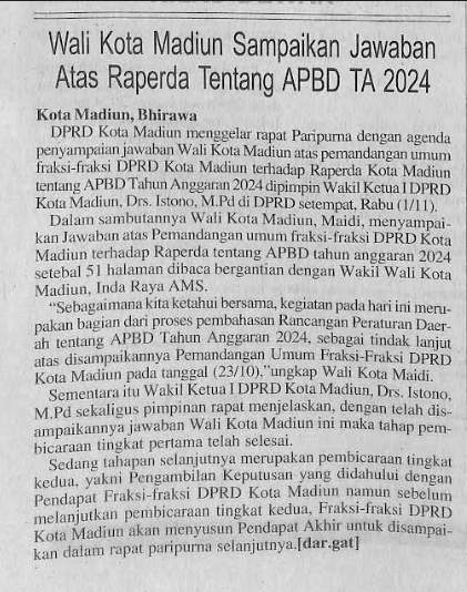 Wali Kota Madiun Sampaikan Jawaban Atas Raperda Tentang APBD TA 2024