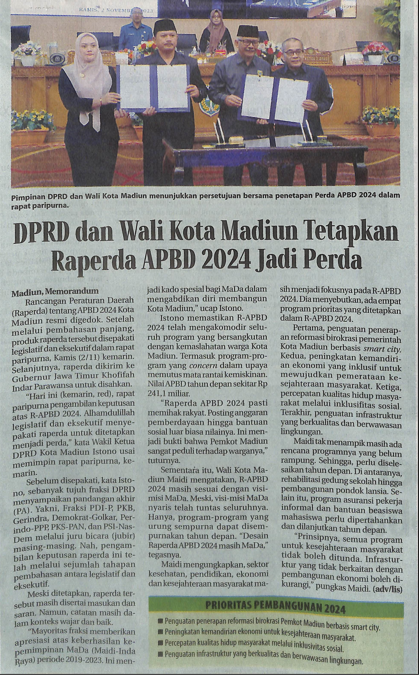 DPRD dan Wali Kota Madiun Tetapkan Raperda APBD 2024 Jadi Perda