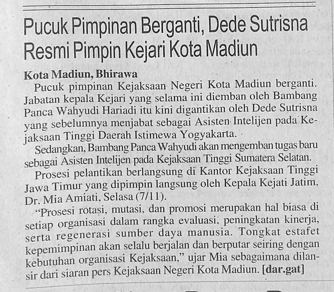 Pucuk Pimpinan Berganti, Dede Sutrisna Resmi Pimpin Kejari Kota Madiun