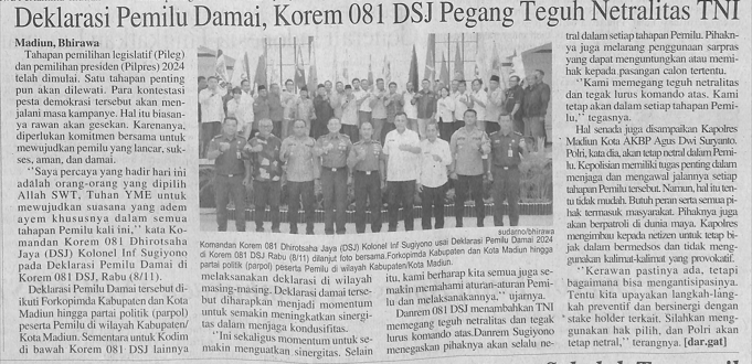 Deklarasi Pemilu Damai, Korem 081 DSJ Pegang Teguh Netralitas TNI