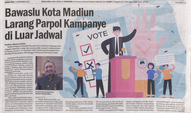 Bawaslu Kota Madiun Larang Parpol Kampanye di Luar Jadwal