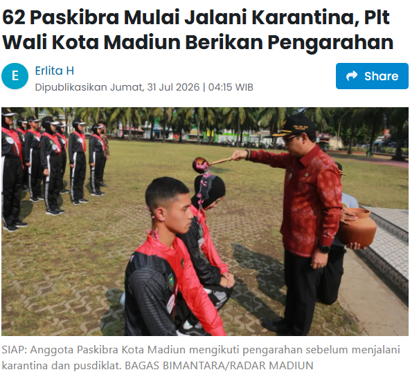 62 Paskibra Mulai Jalani Karantina, Plt Wali Kota Madiun Berikan Pengarahan