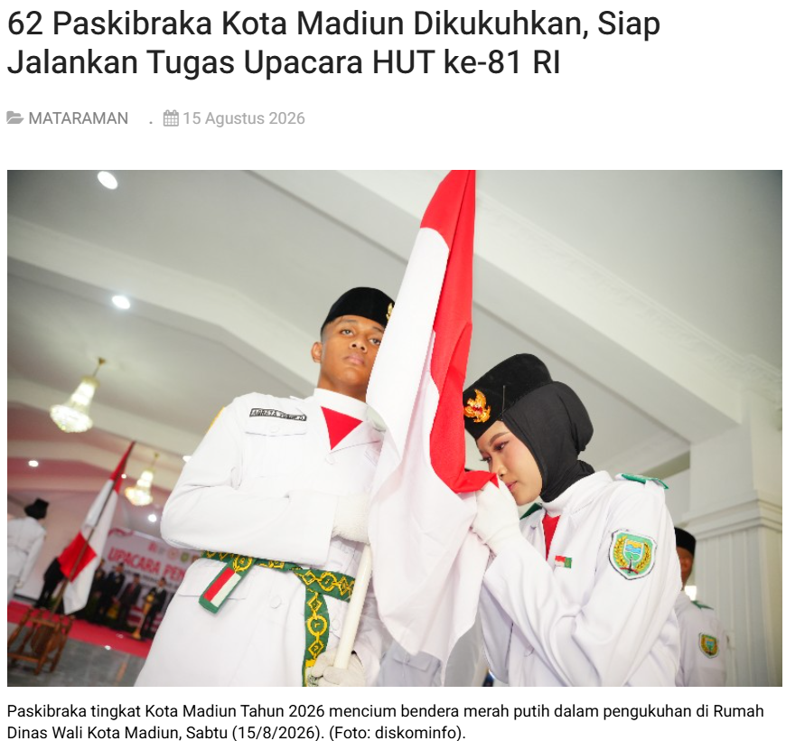 62 Paskibraka Kota Madiun Dikukuhkan, Siap Jalankan Tugas Upacara HUT ke-81 RI