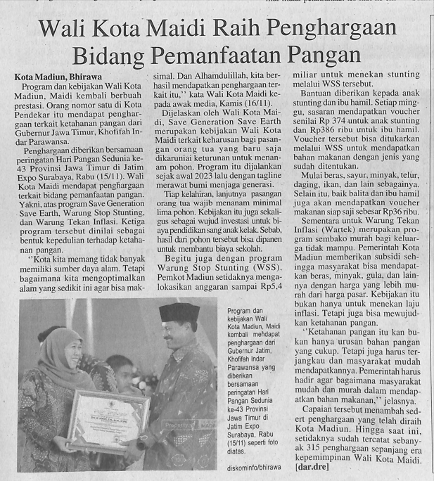 Wali Kota Maidi Raih Penghargaan Bidang Pemanfaatan Pangan