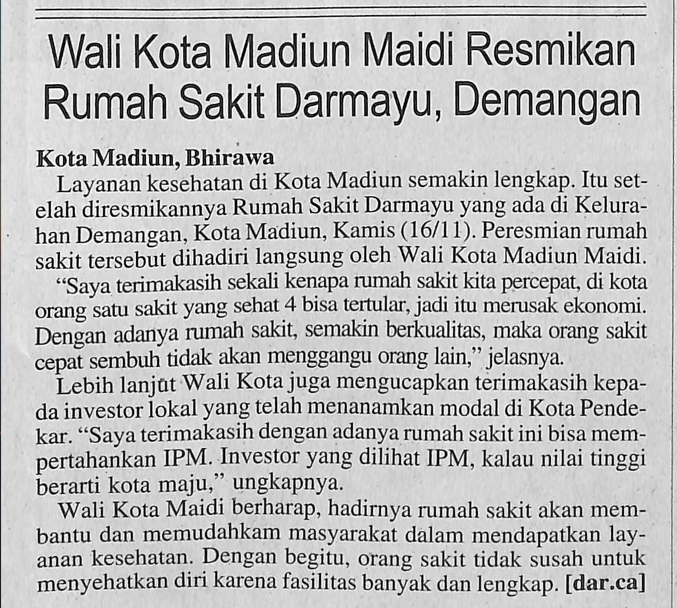 Wali Kota Madiun Maidi Resmikan Rumah Sakit Darmayu, Demangan