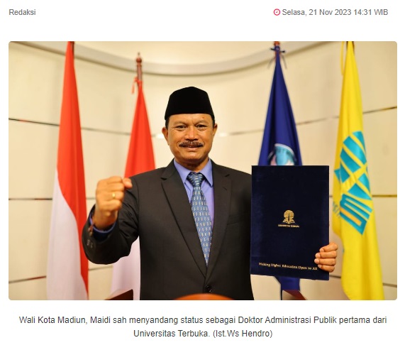 Walikota Madiun Maidi Lulusan Pertama Program Doktoral Universitas Terbuka