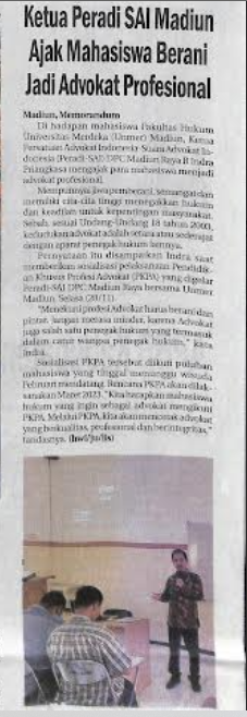 Ketua Peradi SAI Madiun Ajak Mahasiswa Berani Jadi Advokat Profesional