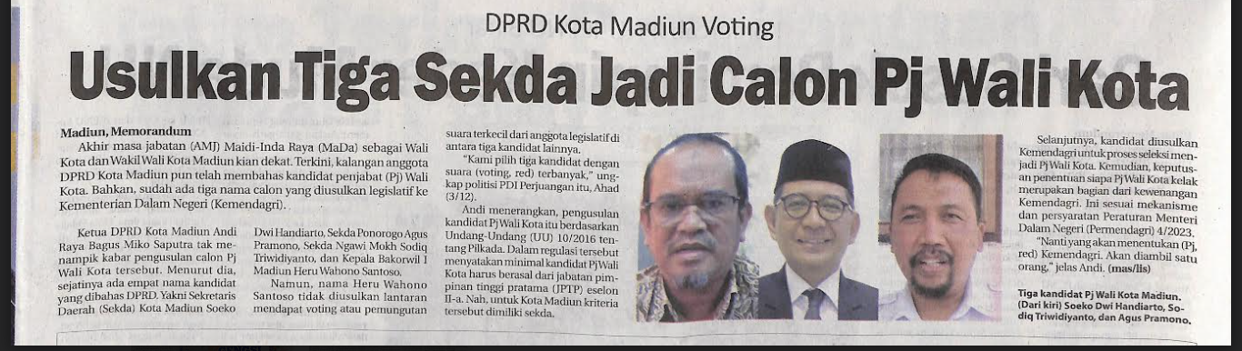 DPRD Kota Madiun Voting, Usulkan Tiga Sekda Jadi Calon Pj Wali Kota