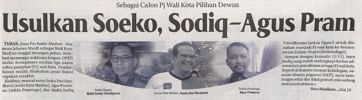 Sebagai Calon Pj Wali Kota Pilihan Dewan, Usulkan Soeko, Sodiq-Agus Pram