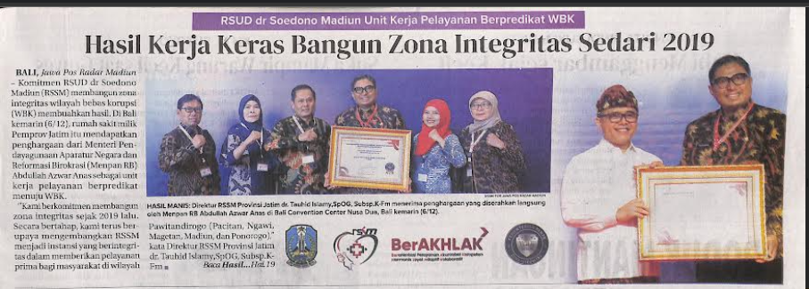 RSUD Soedono Madiun Unit Kerja Pelayanan Berpredikat WBK, Hasil Kerja Keras Bangun Zona Integritas Sedari 2019