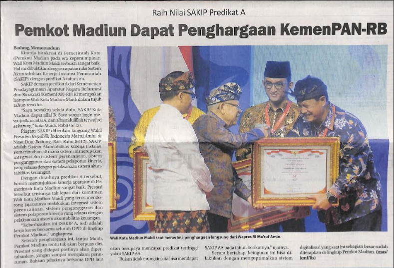 Raih Nilai SAKIP Predikat A, Pemkot Madiun Dapat Penghargaan KemenPAN-RB