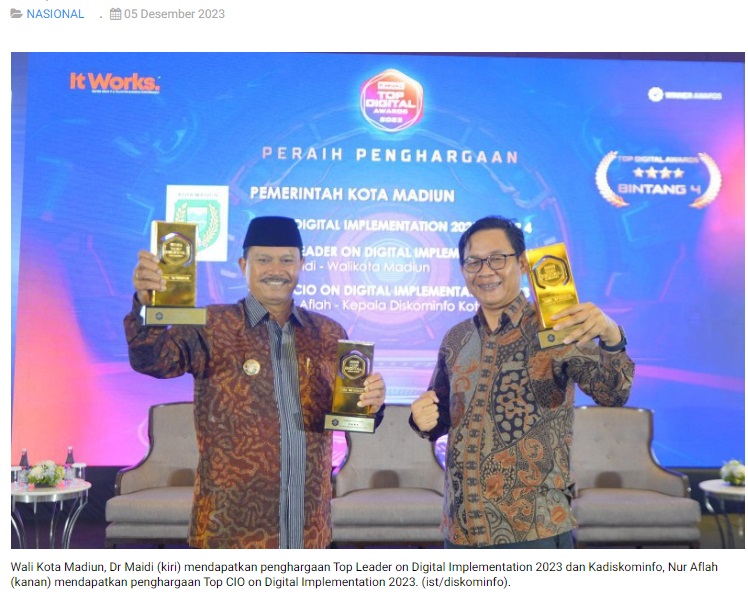 Tiga Tahun Berturut, Kota Madiun Raih Top Digital Bintang 4 dari Majalah IT Works