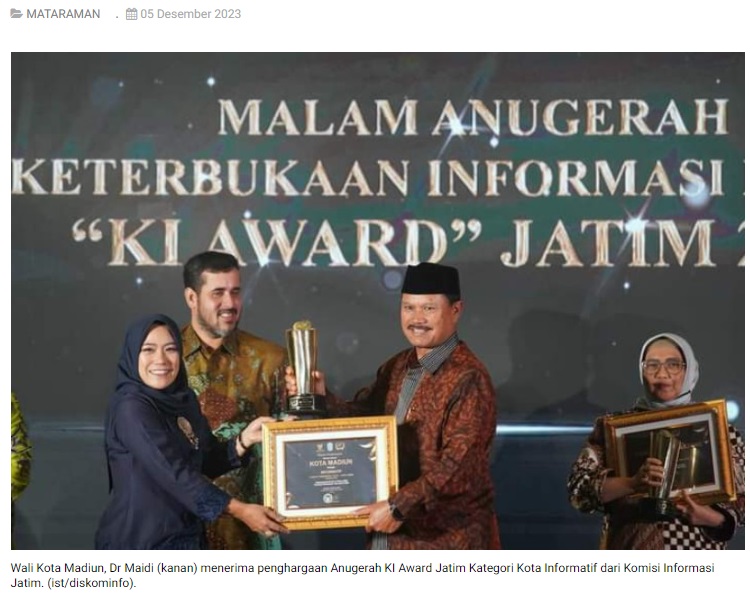 Kota Madiun Raih Anugerah KI Award Jatim Kategori Kota Informatif dari Komisi Informasi Jatim
