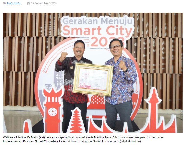 Kota Madiun Raih Penghargaan Smart City Kategori Smart Living dan Smart Environment
