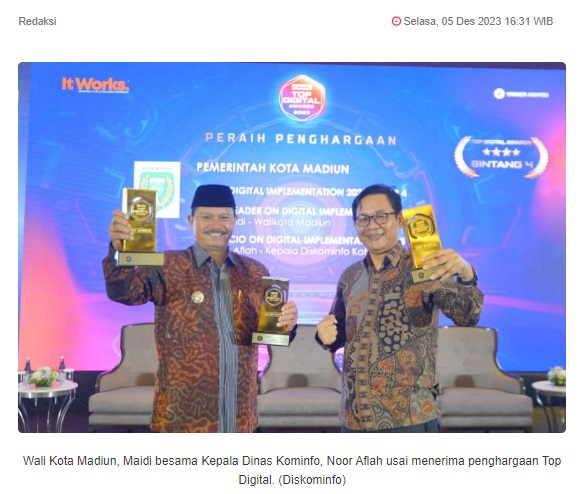 Sukses Manfaatkan Teknologi Digital, Kota Madiun Borong Penghargaan TOP Digital
