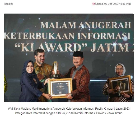 Empat Tahun Berturut-turut, Kota Madiun Pertahankan Anugerah KI Award Jatim