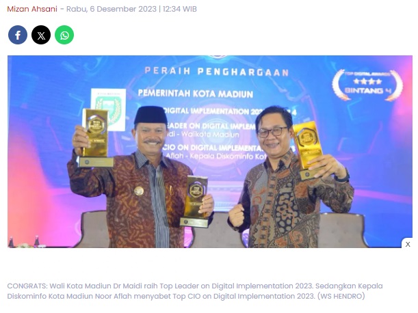 Boyong Tiga Penghargaan dari Top Digital Awards, Dr Maidi: Kota Madiun Serius Terapkan Digitalisasi