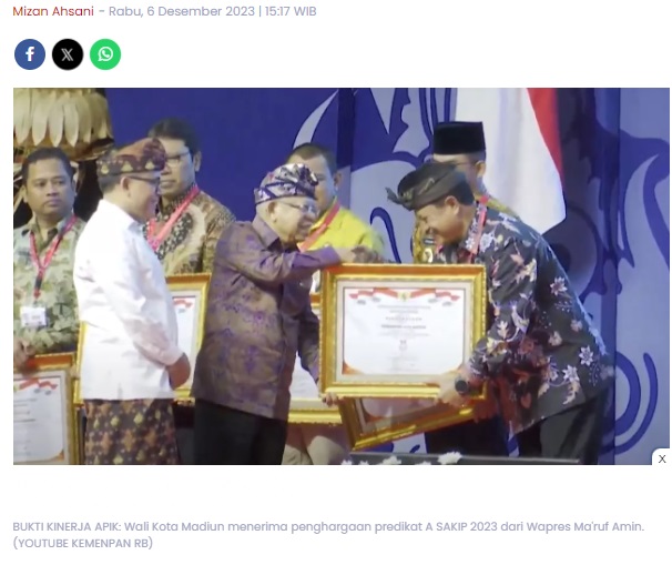 Kota Madiun Raih Predikat A SAKIP 2023, Wapres Ma'ruf Amin Serahkan Penghargaan ke Maidi