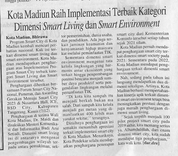 Kota Madiun Raih Implementasi Terbaik Kategori Dimensi Smart Living dan Smart Environment