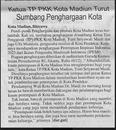 Ketua TP PKK Kota Madiun Turut Sumbang Penghargaan Kota