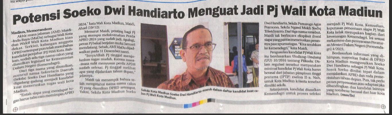 Potensi Soeko Dwi Handiarto Menguat Jadi Pj Wali Kota Madiun