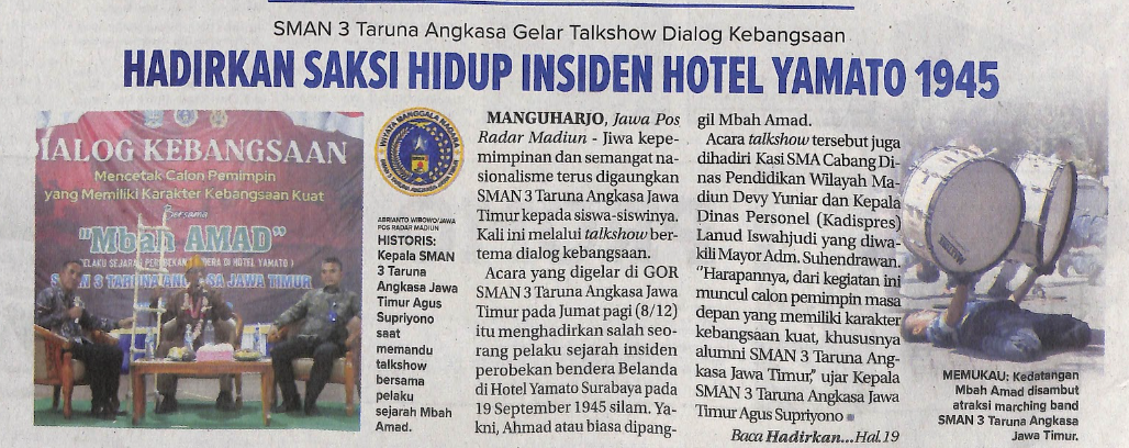 SMAN 3 Taruna Angkasa Gelar Talkshow Dialog Kebangsaan, Hadirkan Saksi Hidup Insiden Hotel Yamato 1945